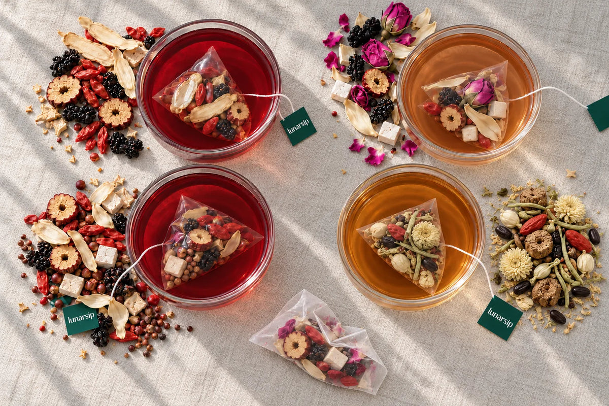 Four cups of LunarSip Chinese herbal tea with pyramid tea bags and their dried herbs: ginseng, rose and mulberry, sleep and liver detox blends