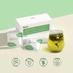 Complete Slimming Lotus Leaf Tea set by LunarSip - premium packaging, individual tea sachets, brewed herbal tea in glass, zero sugar all natural gluten free vegan certified