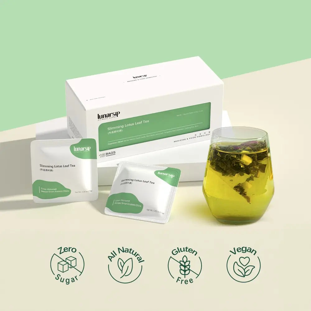 Complete Slimming Lotus Leaf Tea set by LunarSip - premium packaging, individual tea sachets, brewed herbal tea in glass, zero sugar all natural gluten free vegan certified