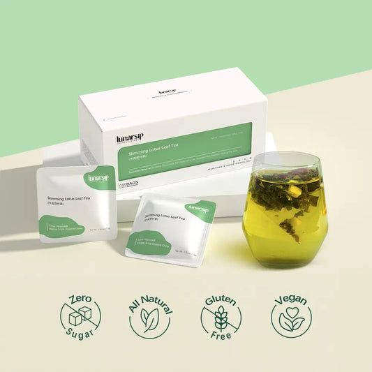 Complete Slimming Lotus Leaf Tea set by LunarSip - premium packaging, individual tea sachets, brewed herbal tea in glass, zero sugar all natural gluten free vegan certified