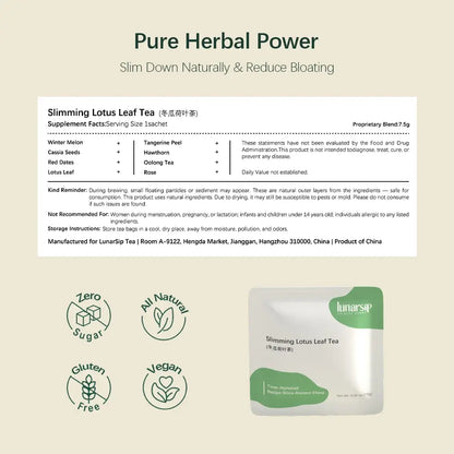 Slimming Lotus Leaf Tea nutrition facts and supplement label showing natural herbal blend with zero sugar, all natural, gluten free and vegan certifications