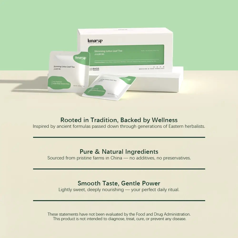 LunarSip Slimming Lotus Leaf Tea packaging - premium white box with green accents, individual tea bags, traditional Chinese herbal medicine inspired design