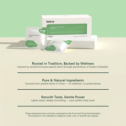 LunarSip Slimming Lotus Leaf Tea packaging - premium white box with green accents, individual tea bags, traditional Chinese herbal medicine inspired design