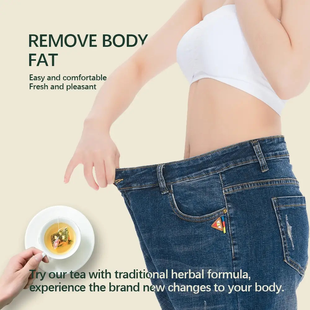 Natural weight loss with Slimming Lotus Leaf Tea - woman showing weight loss results holding oversized jeans, herbal tea for healthy body fat reduction