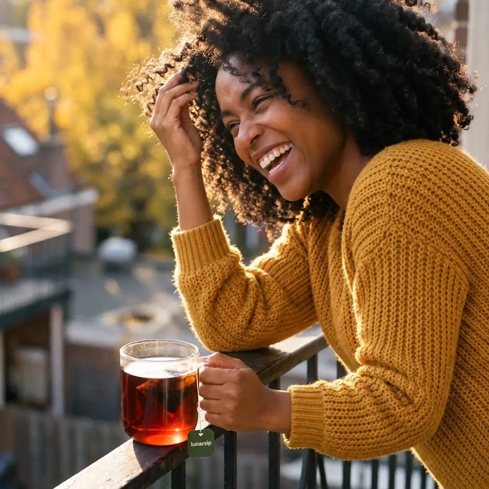 Smiling woman with healthy hair holding a cup of Five Black Beauty Tea