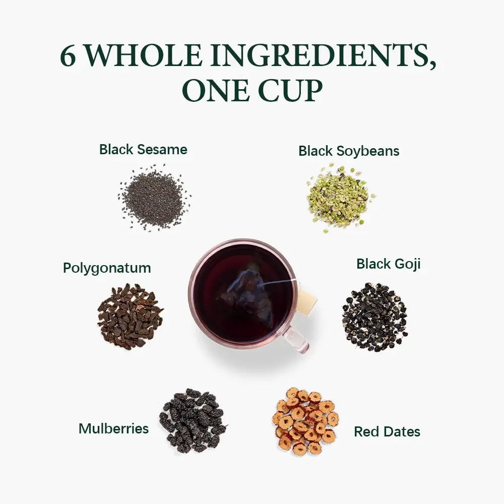 6 whole ingredients of Five Black Beauty Tea: black sesame, black soybeans, black goji, polygonatum, mulberries, red dates