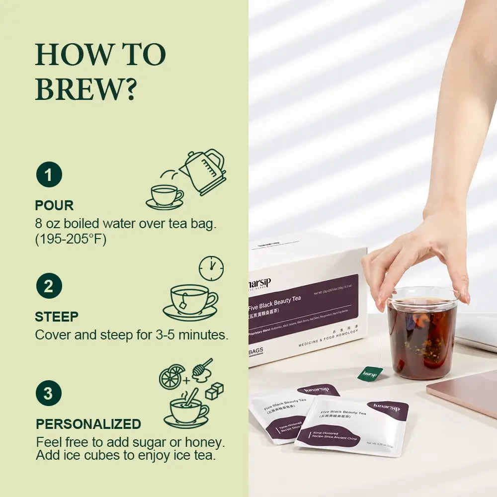 How to brew Five Black Beauty Tea, with LunarSip box and tea bags