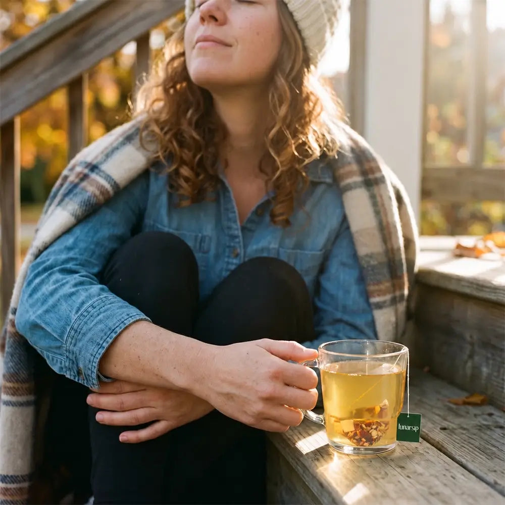 Woman outdoors with a cup of Gut & Immunity herbal gut health tea