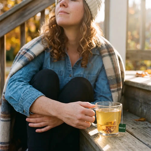 Woman outdoors with a cup of Gut & Immunity herbal gut health tea