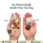 Hand holding a LunarSip gut health tea bag of whole herbs next to a powdered tea bag