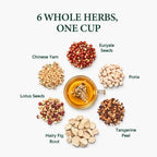 6 whole herbs of Gut & Immunity Blend: Chinese yam, euryale seeds, poria, tangerine peel, hairy fig root, lotus seeds