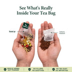 Hand holding a LunarSip liver detox tea bag of whole herbs next to a regular powdered tea bag