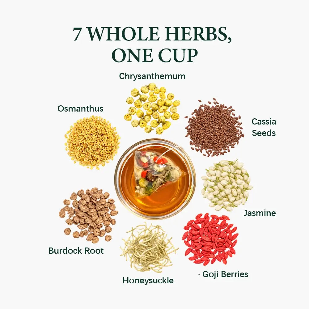 7 whole herbs of Liver Detox Night Tea: chrysanthemum, cassia seed, jasmine, goji, honeysuckle, burdock root, osmanthus