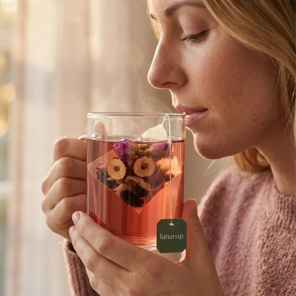 Woman sipping Mulberry Rose hormone balance tea from a glass cup