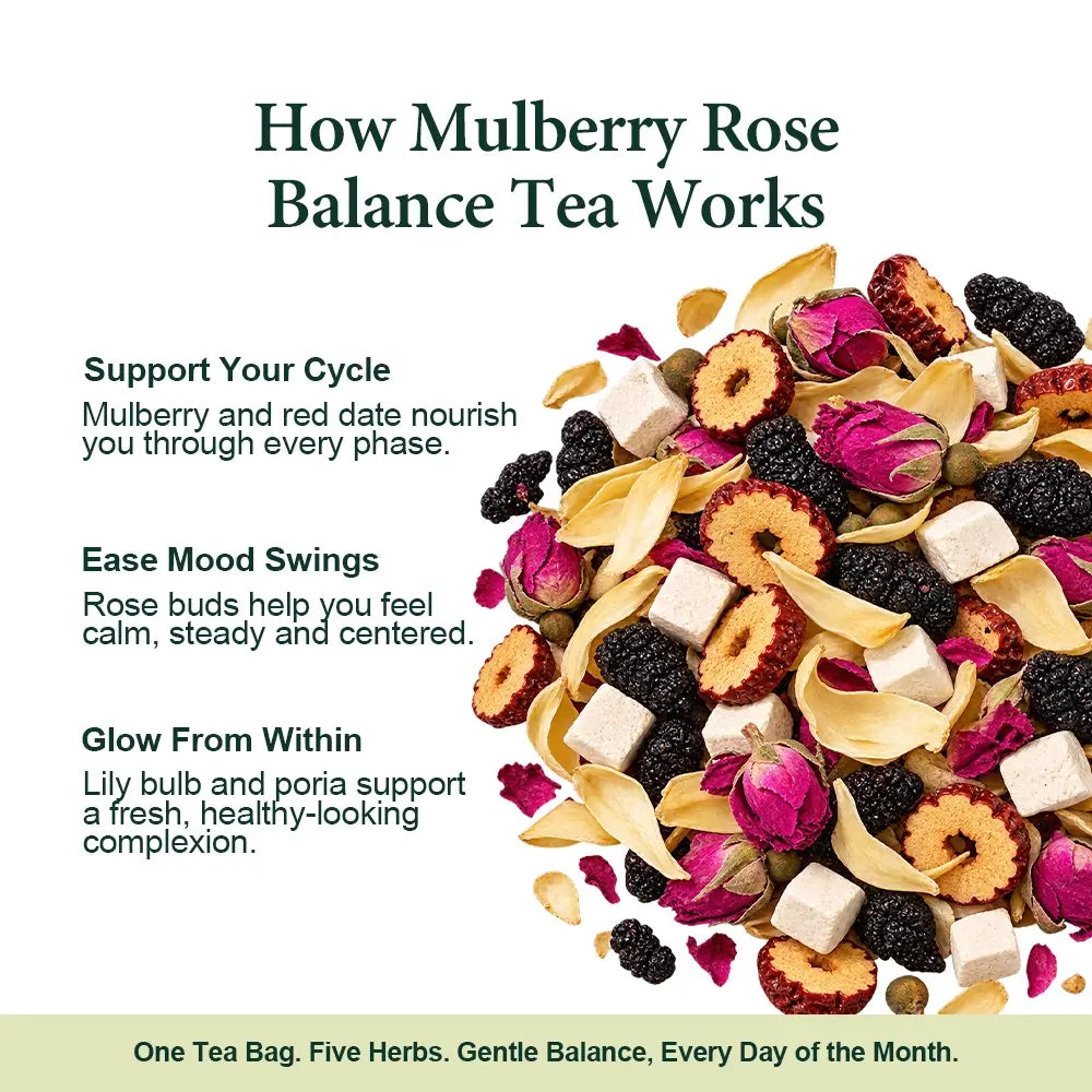 How Mulberry Rose Balance Tea works: cycle support, mood balance and a fresh-looking complexion