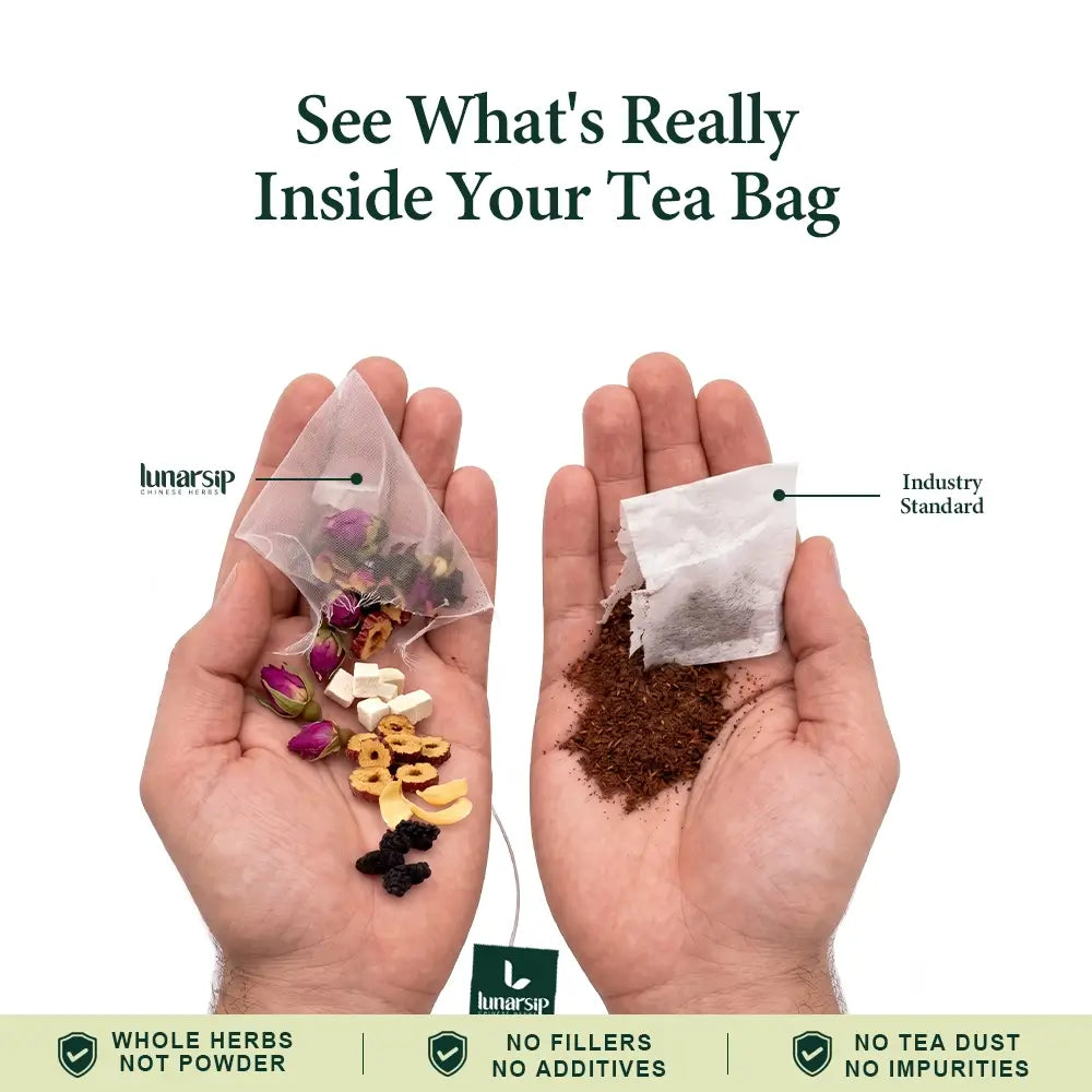 Hand holding a LunarSip hormone balance tea bag of whole mulberry and rose next to a powdered tea bag