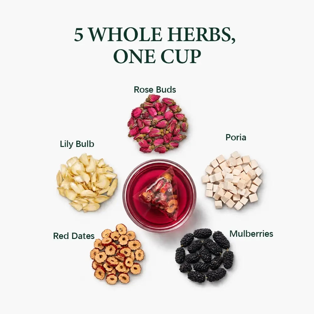 5 whole herbs of Mulberry Rose Balance Tea: rose buds, poria, mulberries, red dates, lily bulb