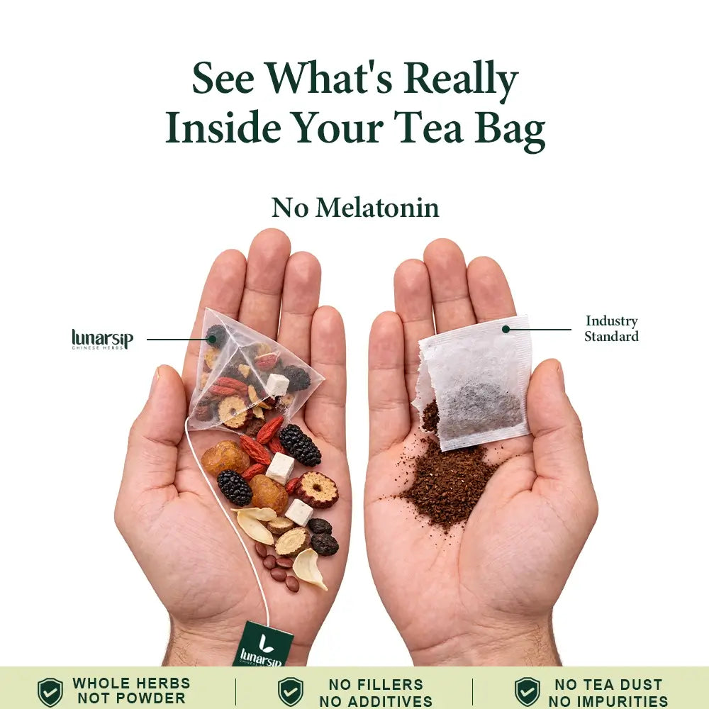 Hand holding a LunarSip sleep tea bag of whole herbs, no melatonin, next to a powdered tea bag