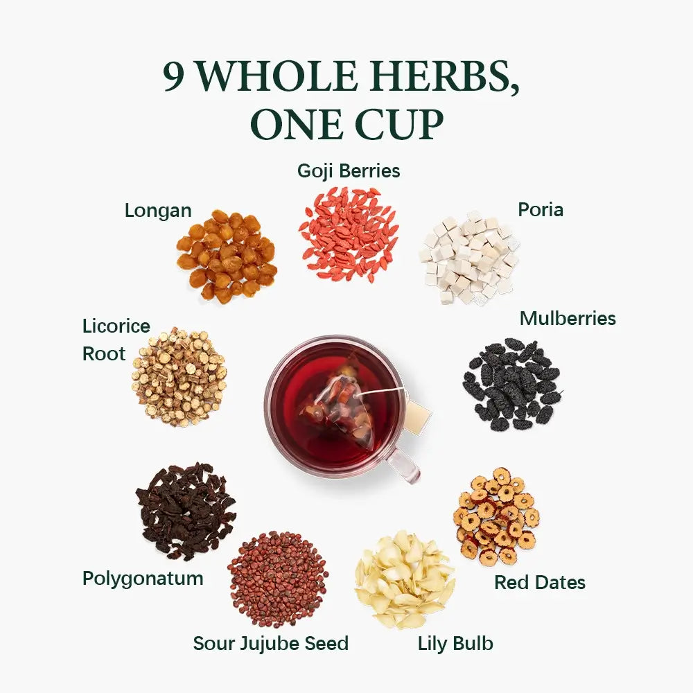 9 whole herbs of Sleep & Calm Tea: sour jujube seed, lily bulb, poria, longan, licorice, mulberries, goji, red dates, polygonatum