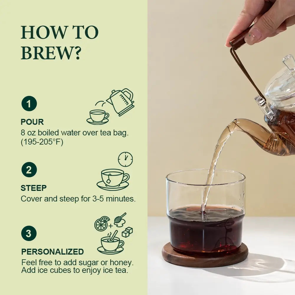 How to brew Sleep & Calm herbal sleep tea, hot water poured into a glass